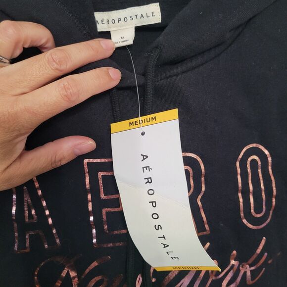 Aeropostale Women’s Medium Black Hoodie Metallic Rose Gold Logo NWT Comfortcore - Picture 5 of 5